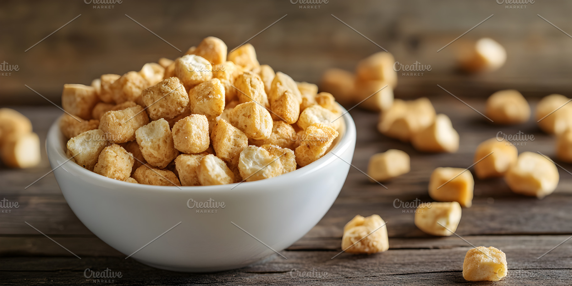 Bowl of crispy cereal cubes on rusti, a Food & Drink Photo by Photostock