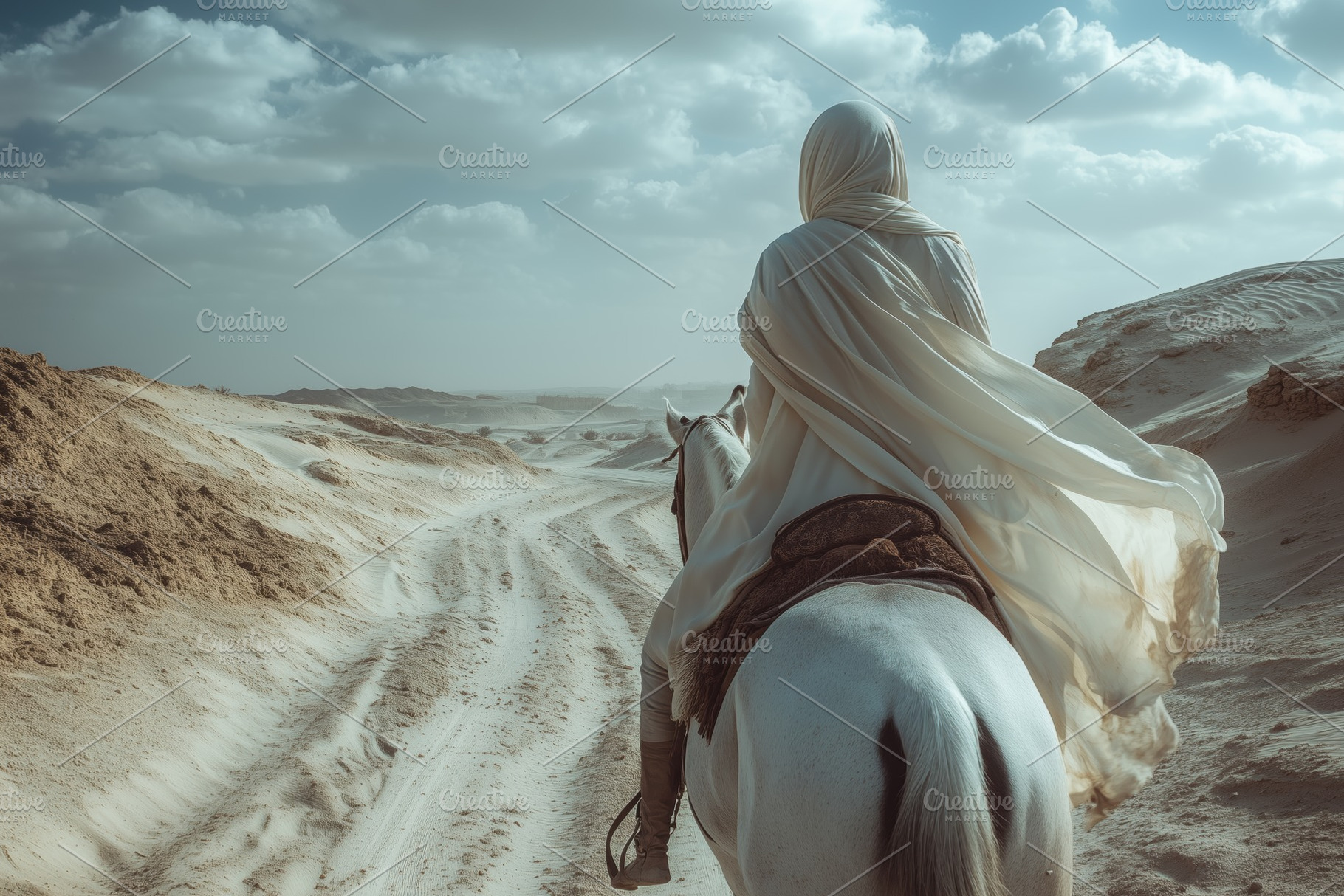 A lone arabic rider in flowing white garments on a white horse, traversing a sa, a Person Photo by Textures & Backgrounds