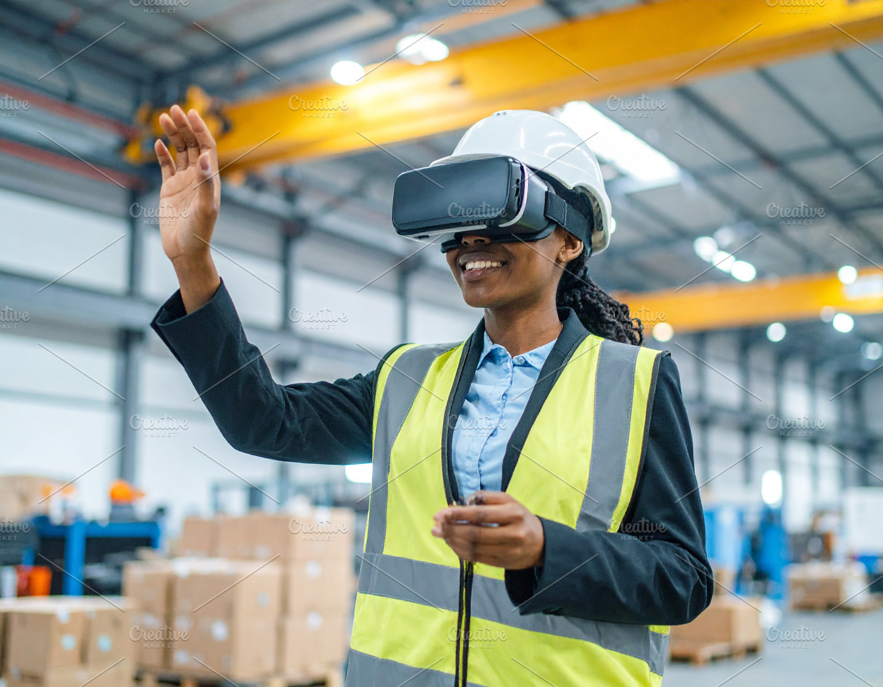 Worker in an industrial inside a factory uses AR glasses to acce, a Technology Photo by DanFLCreativo