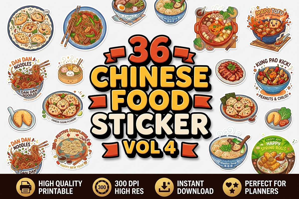36 Chinese Food Sticker Bundle Vol 4, a Food Illustration by ikarifq shop