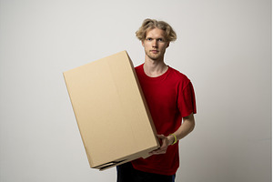 Young delivery man holding a big, a Person Photo by volodymyrshtun13795