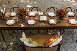 Wooden outdoor table in a garden courtyard set with vintage plat, a Food & Drink Photo by Bepslabor