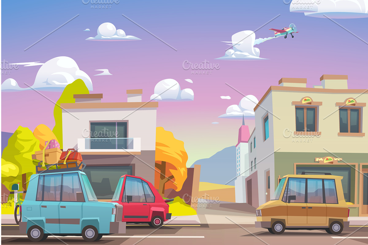 Colorful city street with cars and, a Transportation Illustration by IfH