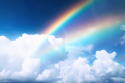 Beautiful sky with colorful rainbow and white clouds. Generative AI, a Nature Photo by AlyaAnd