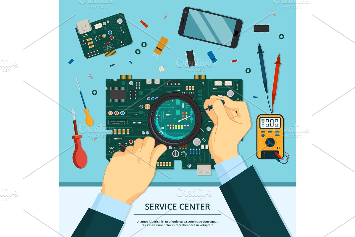 Concept illustration of technician service. Hands with magnifying glass ...