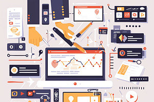Illustration showcasing digital content creation tools and analytics for online, an Illustration by AS photostudio