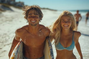 Joyful young couple enjoys a sunny b, a Photo by Tanuart