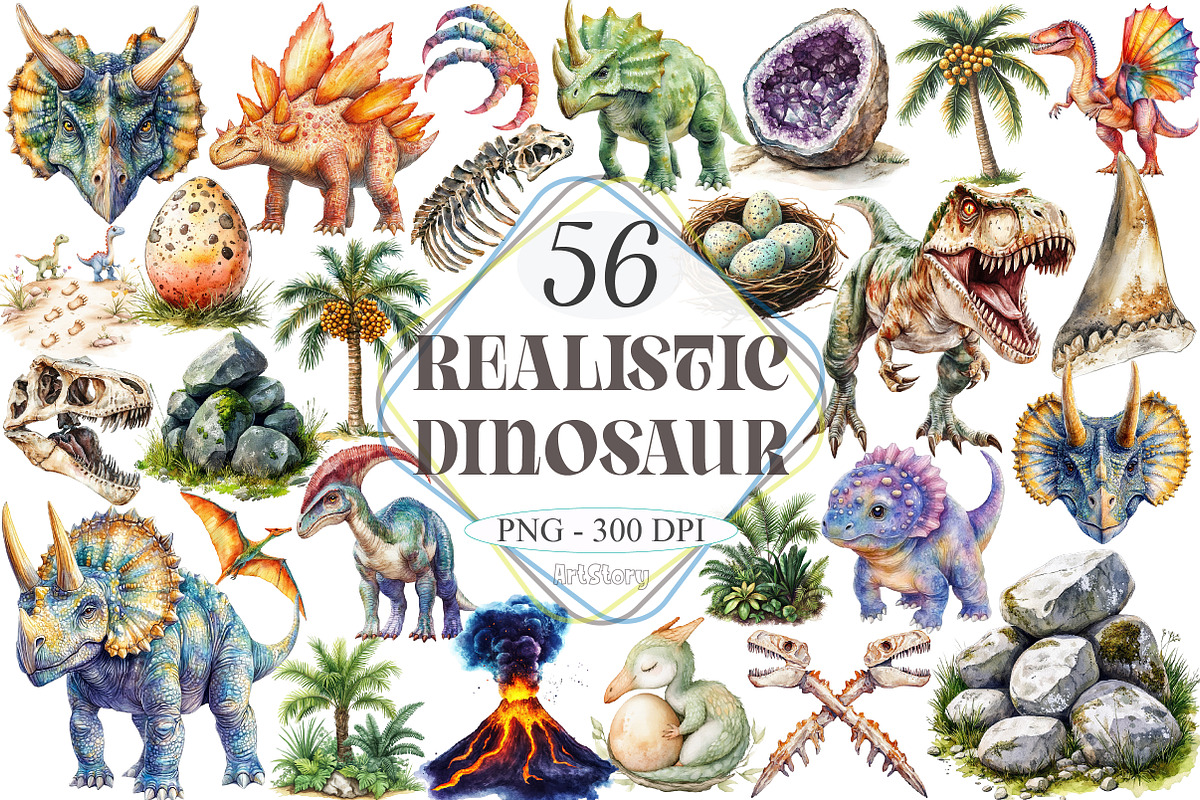 Watercolor Realistic Dinosaur Clipar, a Seasonal Illustration by designcity5 (Photo 1 of 5)