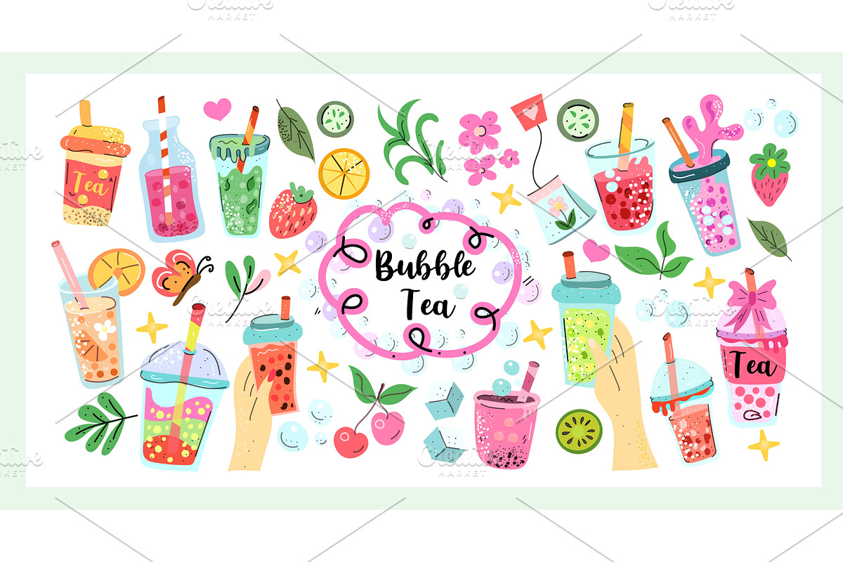 Bubble Tea Set a vibrant hand drawn, a Food Illustration by Lucia Fox