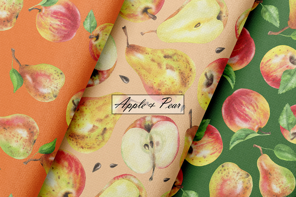 Watercolor Apple & Pear Patterns, a Food Illustration by OlDm_Shop (Photo 6 of 10)