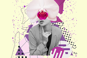 Contemporary digital collage art. Flowers retro girl. Congratula