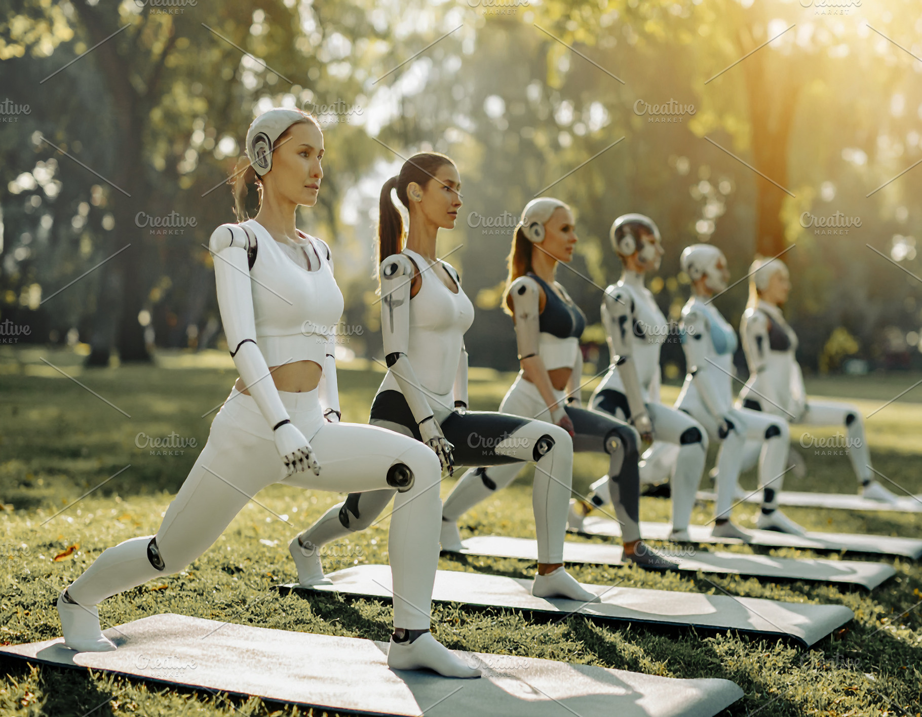 Cyborg women practicing yoga at nature, a Health & Medical Photo by DanFLCreativo