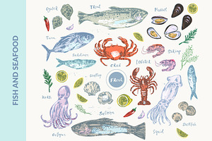 Fish and seafood set, a Food Illustration by katya.bogina