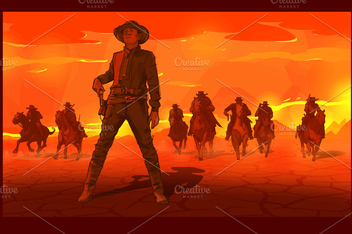 Western cowboys vector illustration., an Illustration by AntonyChernianu
