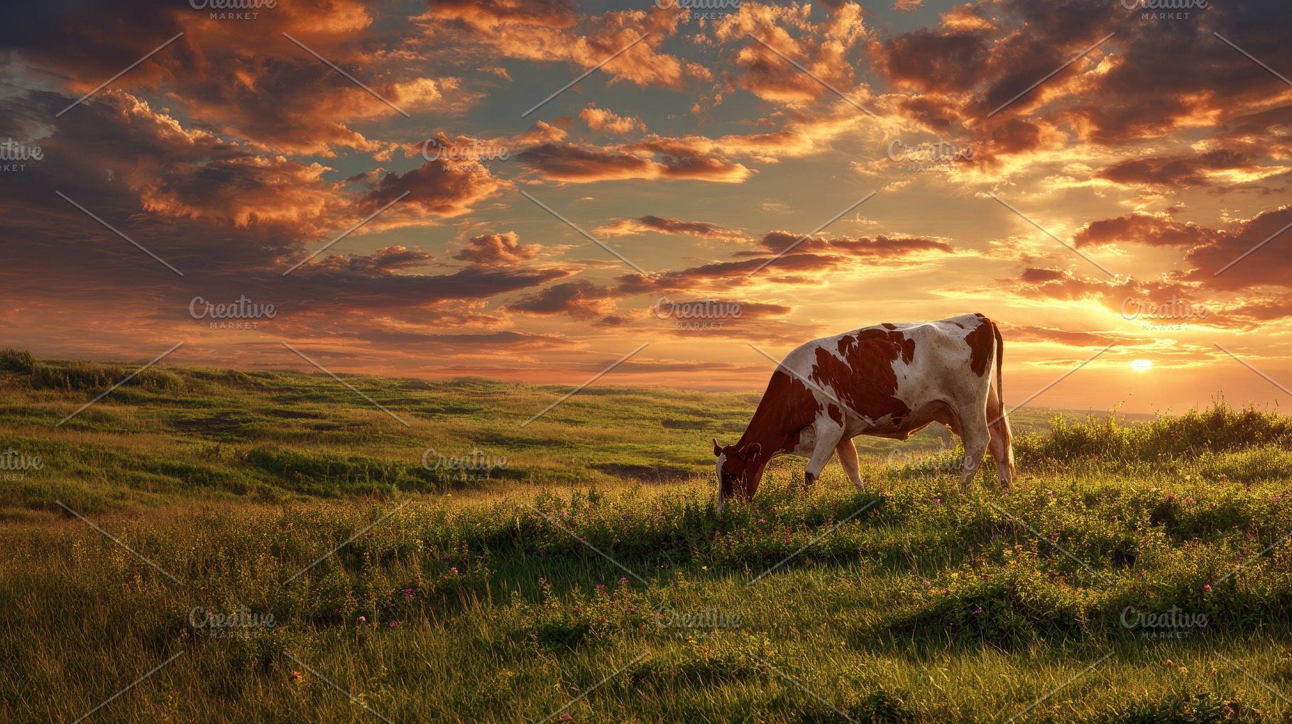 Cow grazes peacefully in lush green, a Photo by Pavel_design