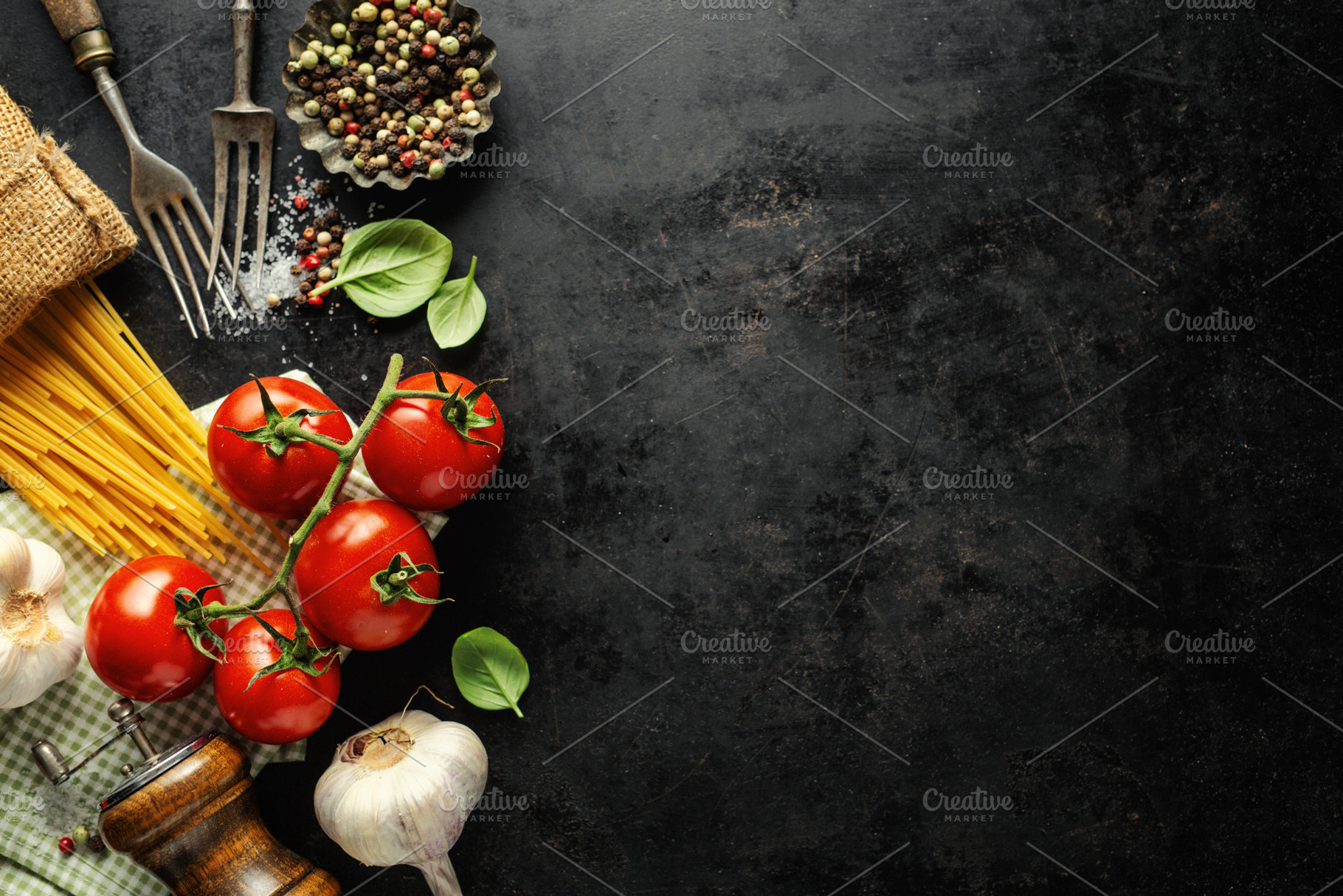 Italian food background with ingredi featuring gastronomy, dark background, a Food & Drink Photo by Valeria Art