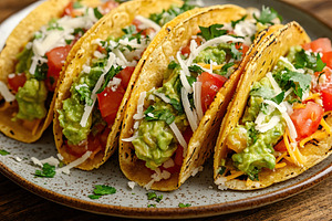 Vegetarian tacos with guacamole, cheese and tomatoes on a plate, a Food & Drink Photo by AlyaAnd