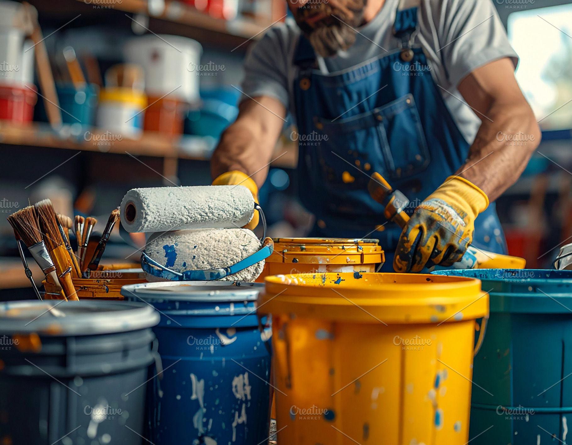Residential man painter mixing paint in a workshop, a Person Photo by DanFLCreativo