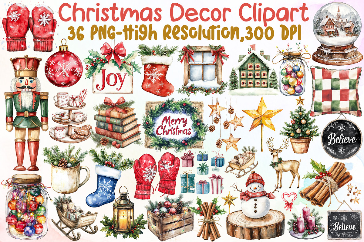 Watercolor Christmas Decor Clipart, an Illustration by Sublimation Artist (Photo 1 of 6)