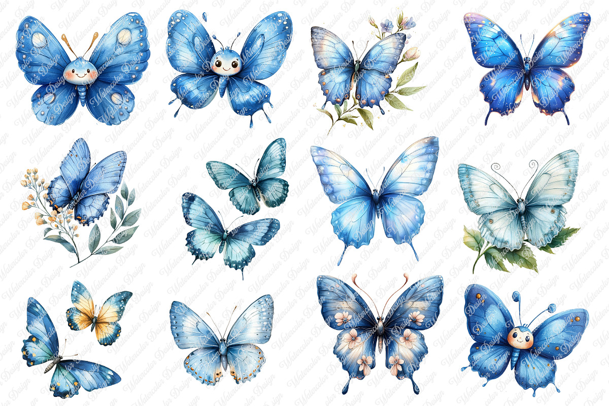 Watercolor Blue Butterflies Cliupart, an Illustration by Watercolor design (Photo 2 of 12)