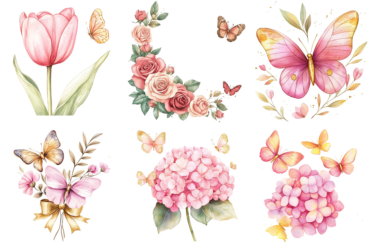 butterfly and Flower Clipart, an Illustration by Watercolor design (Photo 4 of 5)