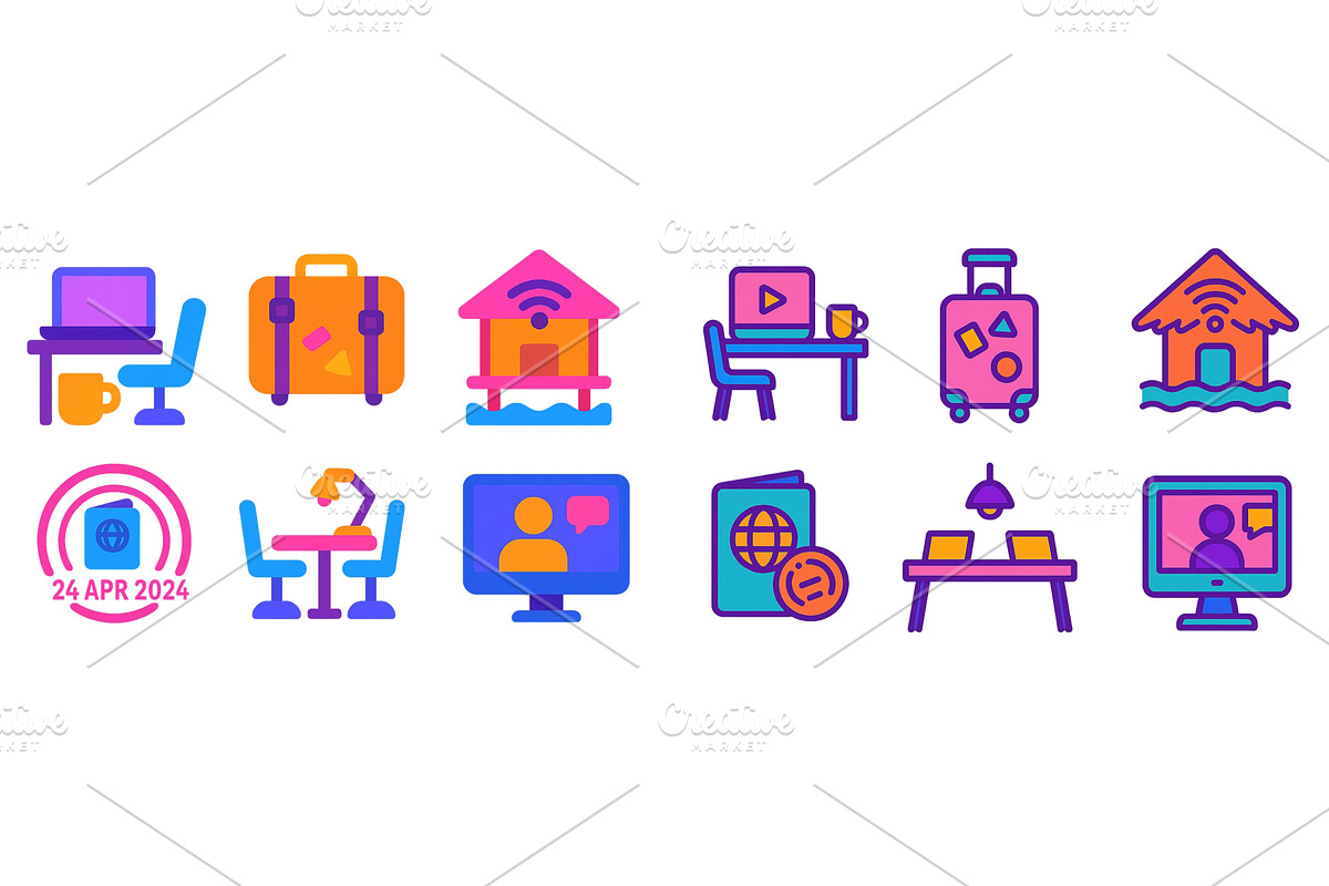 Icons depicting travel, remote work, a Technology Illustration by ZinetroN