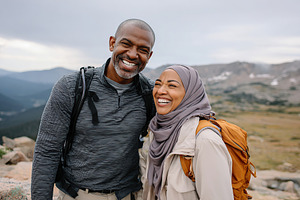 Couples share laughter while hiking in a mountainous landscape during cloudy we, a Person Photo by AlyaAnd