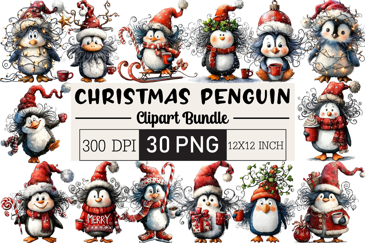 Quirky Christmas Penguin Clipart, an Illustration by Black Bird Studio (Photo 1 of 6)