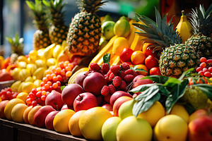Assortment of ripe fruits on the market counter, a Food & Drink Photo by AlyaAnd