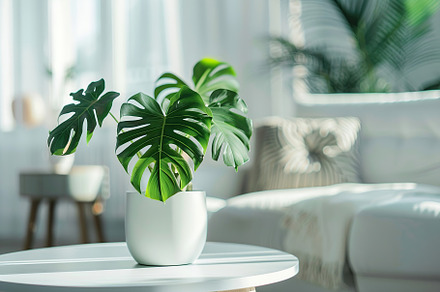 Monstera plant in pot standing on table in modern living room, a Nature Photo by AlyaAnd