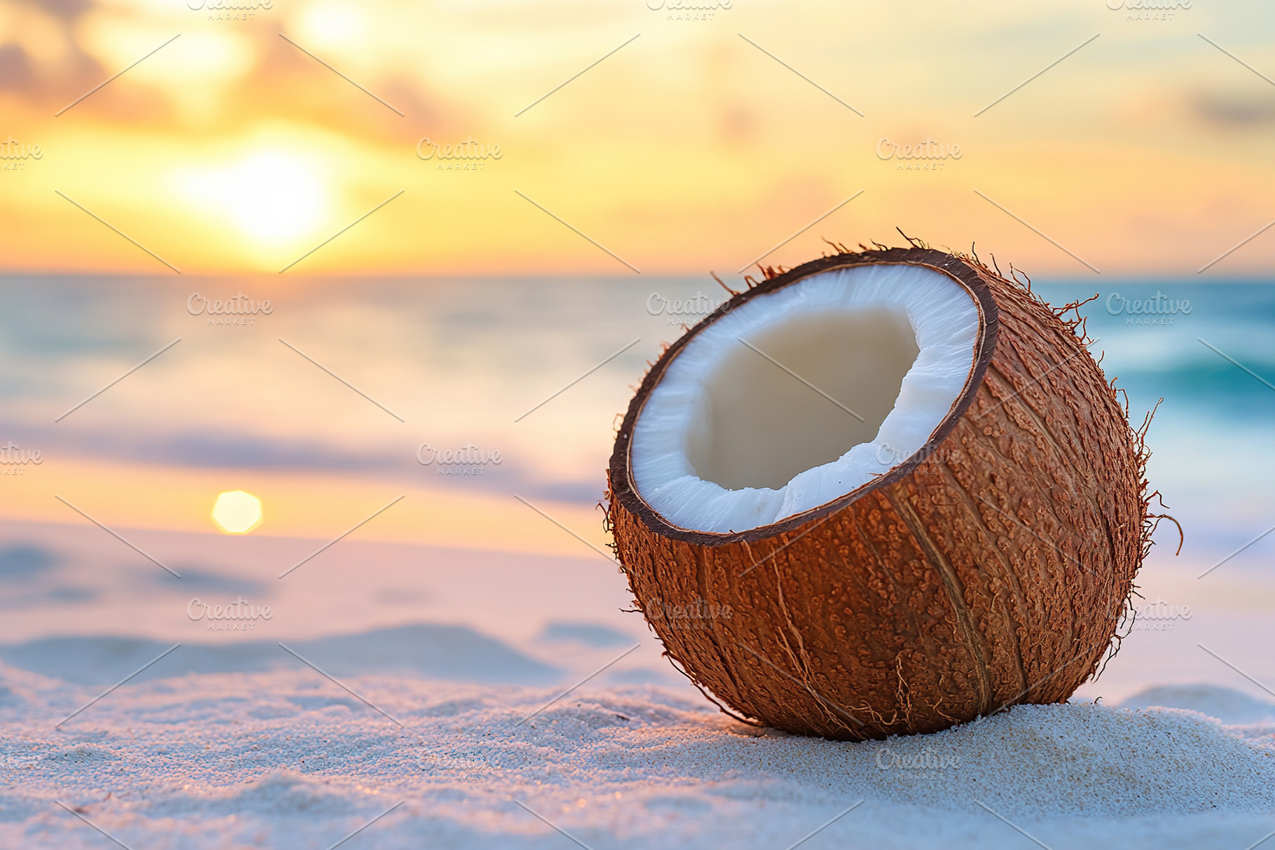 Fresh coconut on sandy beach on seaside background, a Food & Drink Photo by AlyaAnd