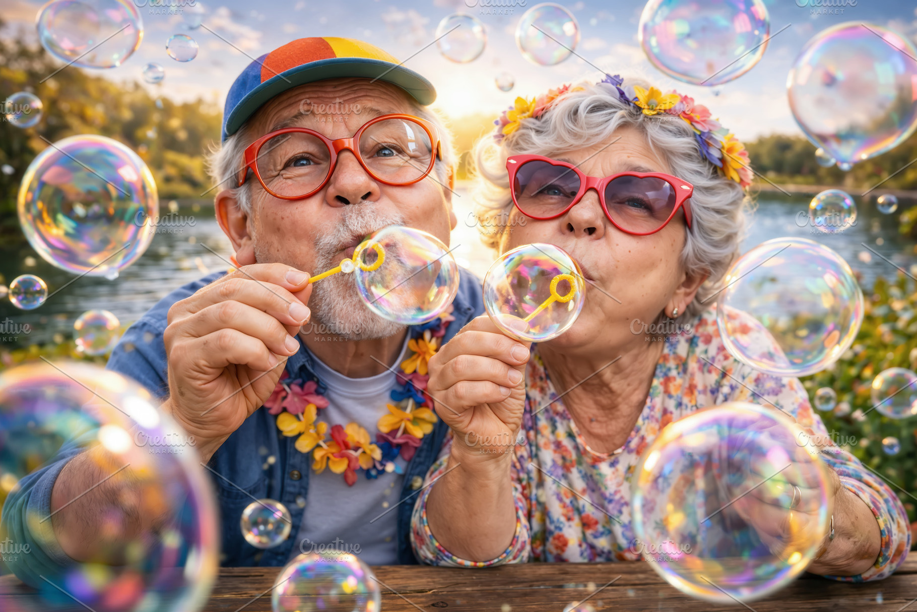 A fun-loving elderly couple blowing, a Person Photo by angellodeco