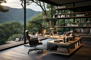 Minimalist home office with a monoch, a Photo by SaroStock