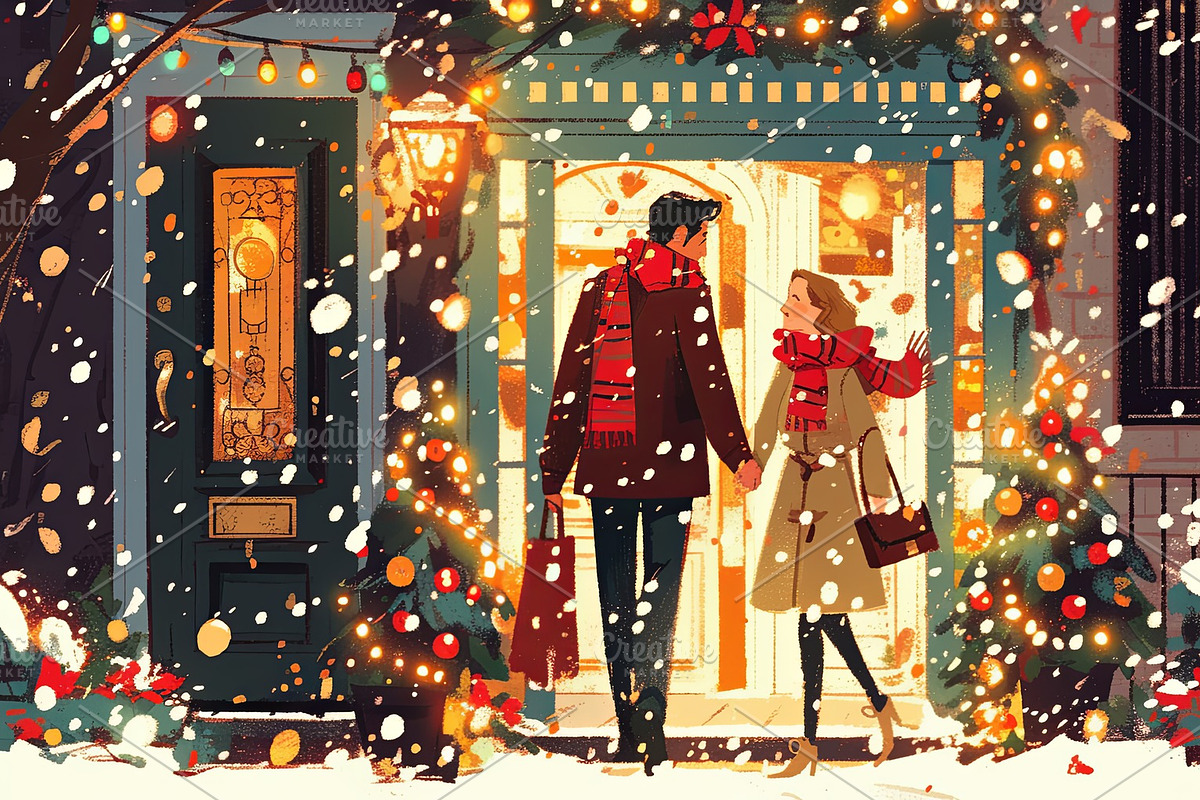 Couple walking hand in hand by a brightly decorated home during Christmas, an Illustration by AS photostudio