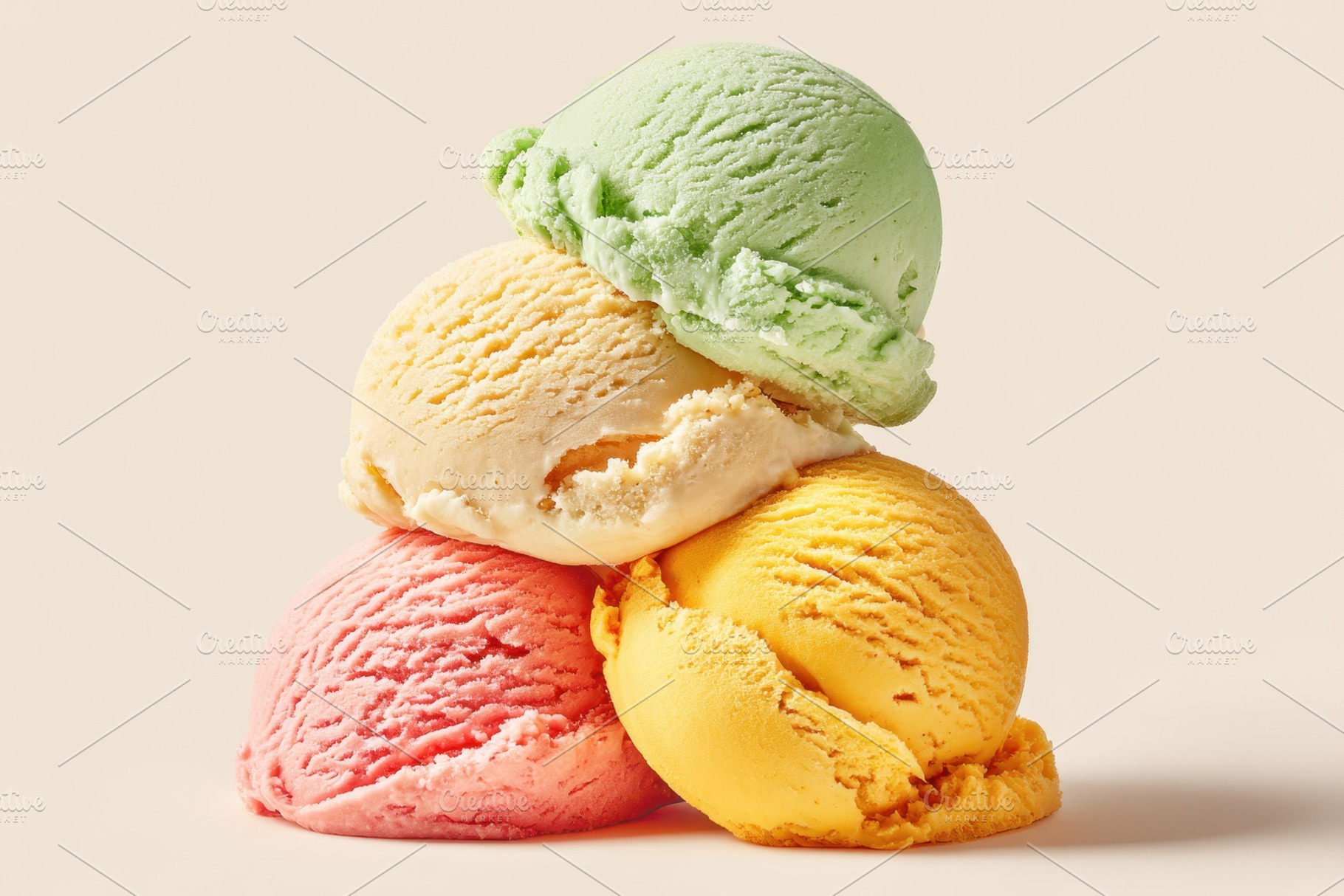Pastel ice cream scoops stacked, a Food & Drink Photo by AlyaAnd
