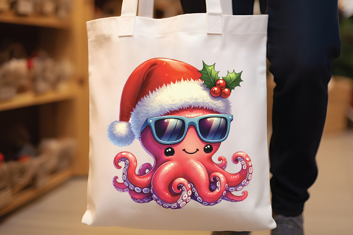 Watercolor Christmas Octopus Clipart, a Work Illustration by CraftArtStudio (Photo 3 of 6)