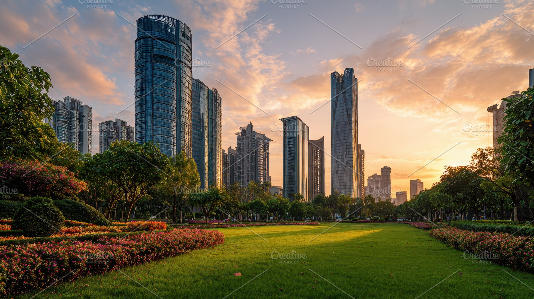 Sunset over a city park with skyscra, a Photo by Pavel_design