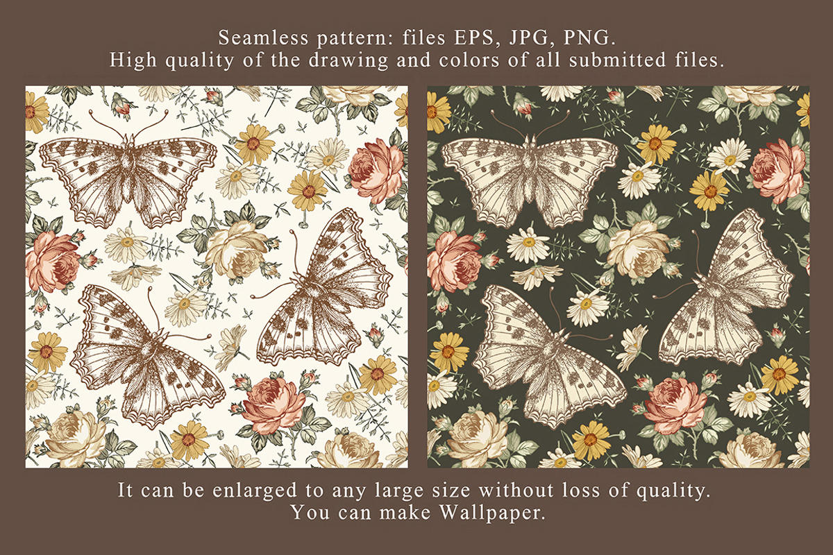 4 Seamless Butterflies Roses insects, a Pattern Graphic by Vintage (Photo 2 of 14)