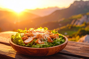 Fresh Caesar salad with romaine, croutons, and Parmesan, drizzled with creamy d