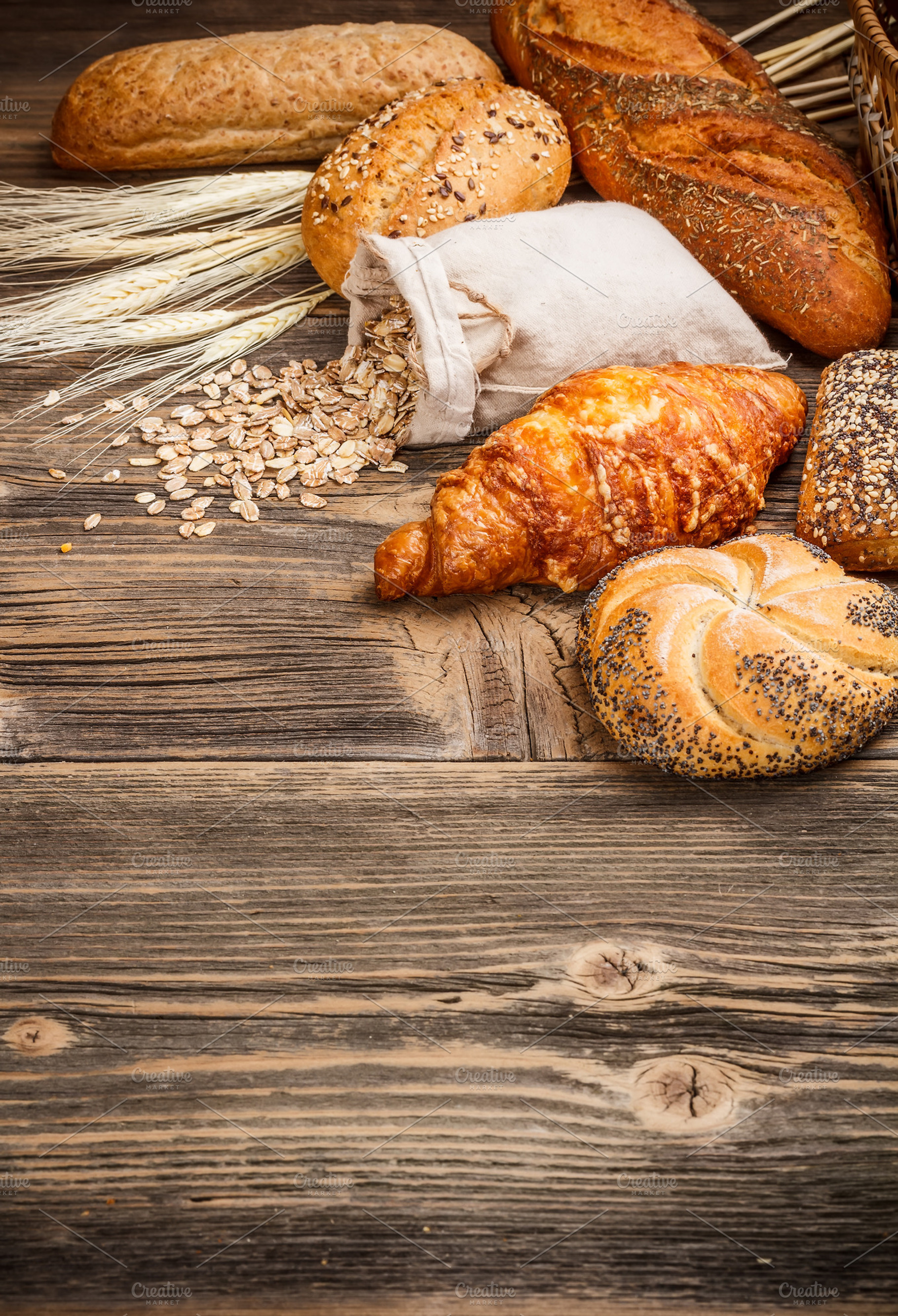 Different types of bread containing assortment, background, and baked