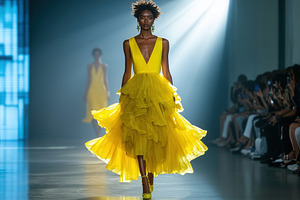 A model strides down the runway, a Photo by Pavel_design