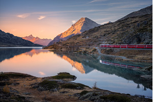 Aerial view of Bernina Express train, a Transportation Photo by den-belitsky
