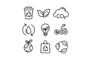 Ecology icons in line art style, an Outline Icon by Elen_Art