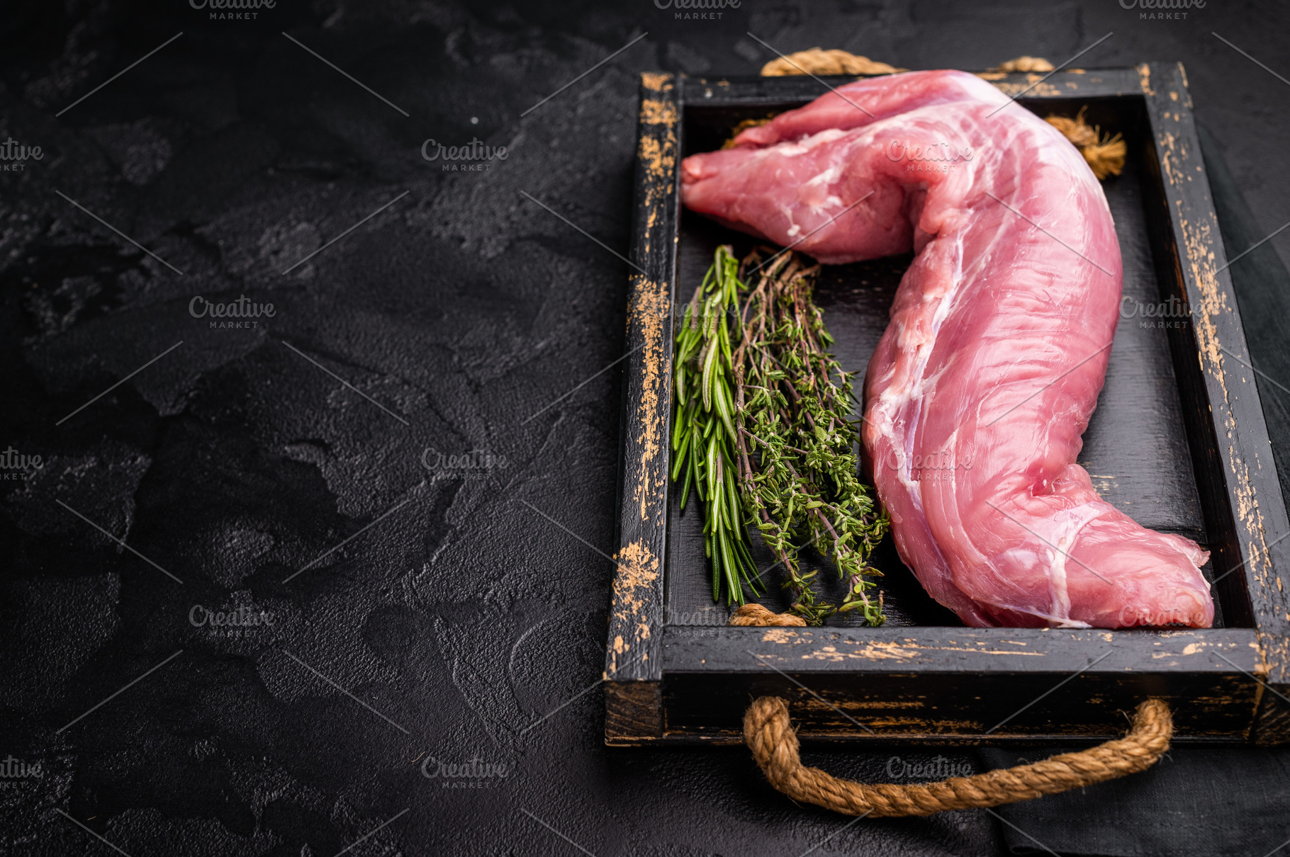 Raw pork tender cut, tenderloin featuring a smooth texture, perf, a Food & Drink Photo by composter-box@mail.ru