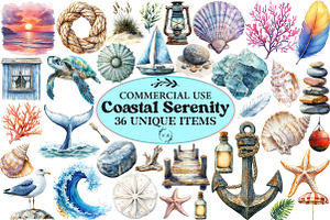 Watercolor Coastal Serenity Clipart, an Illustration by Craft Nest