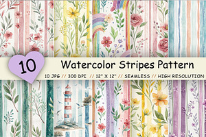 Watercolor Stripes Digital Paper, a Pattern Graphic by FloridPrintables