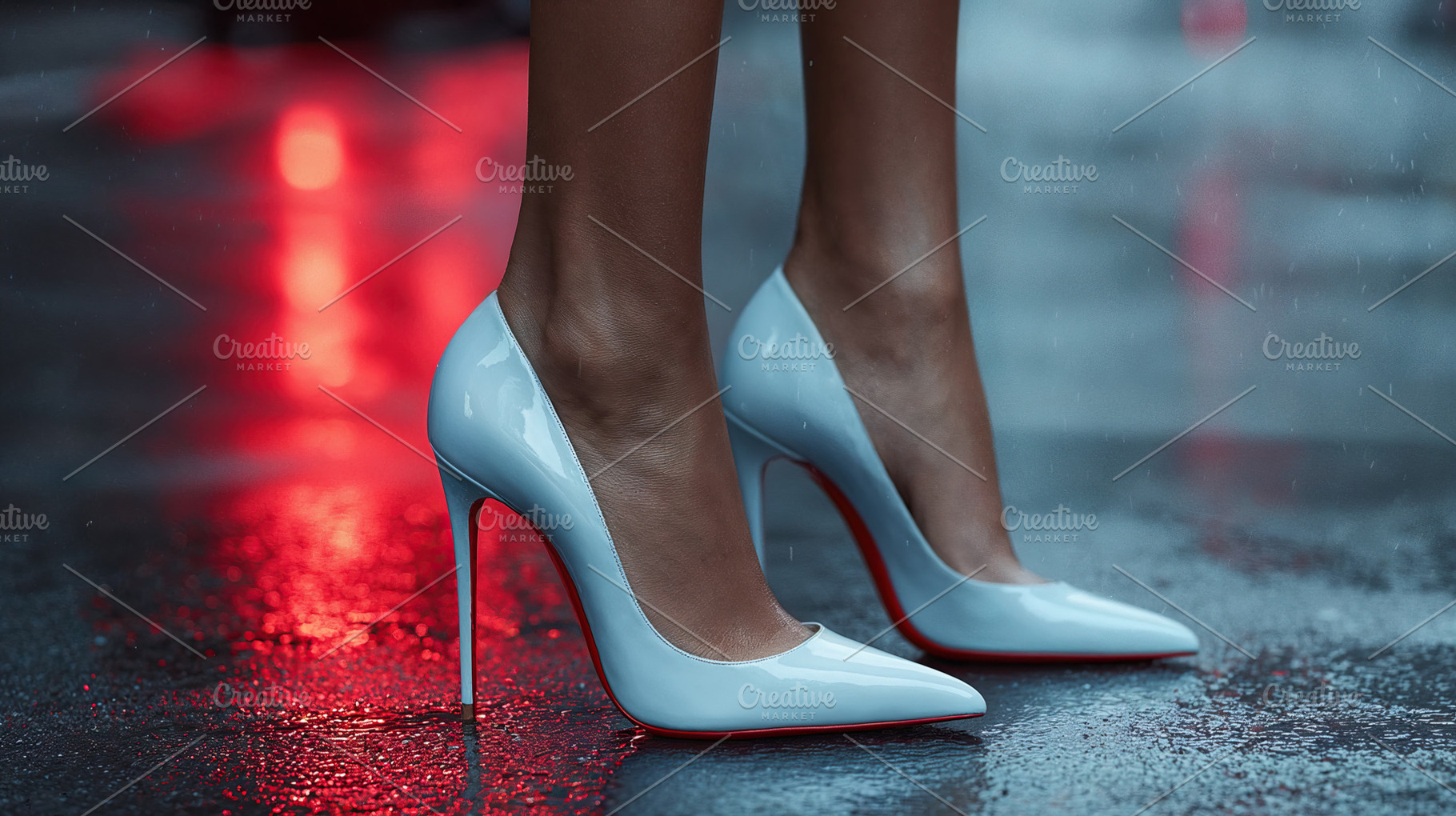 Fashion influencer woman in stylish heels steps through wet city street, a Person Photo by OSORIOartist