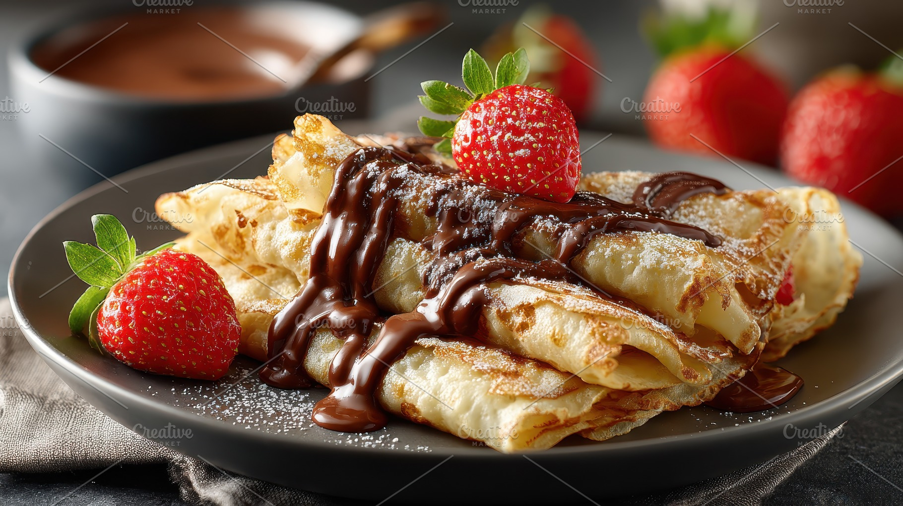 Delicious crepes with chocolate sauc, a Photo by Pixeness Studio