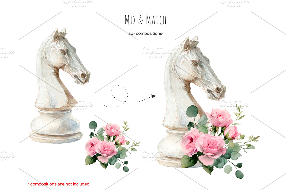 Watercolor chess game clipart, an Object Illustration by Art and Funny (Photo 6 of 8)