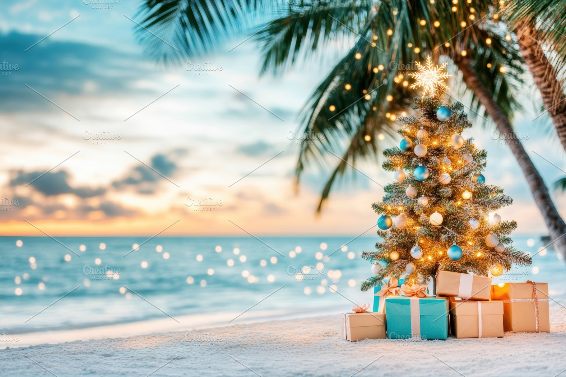 Tropical beach wrapped in twinkling lights with palm trees at sunset, with fest, a Holiday Photo by Mashimara
